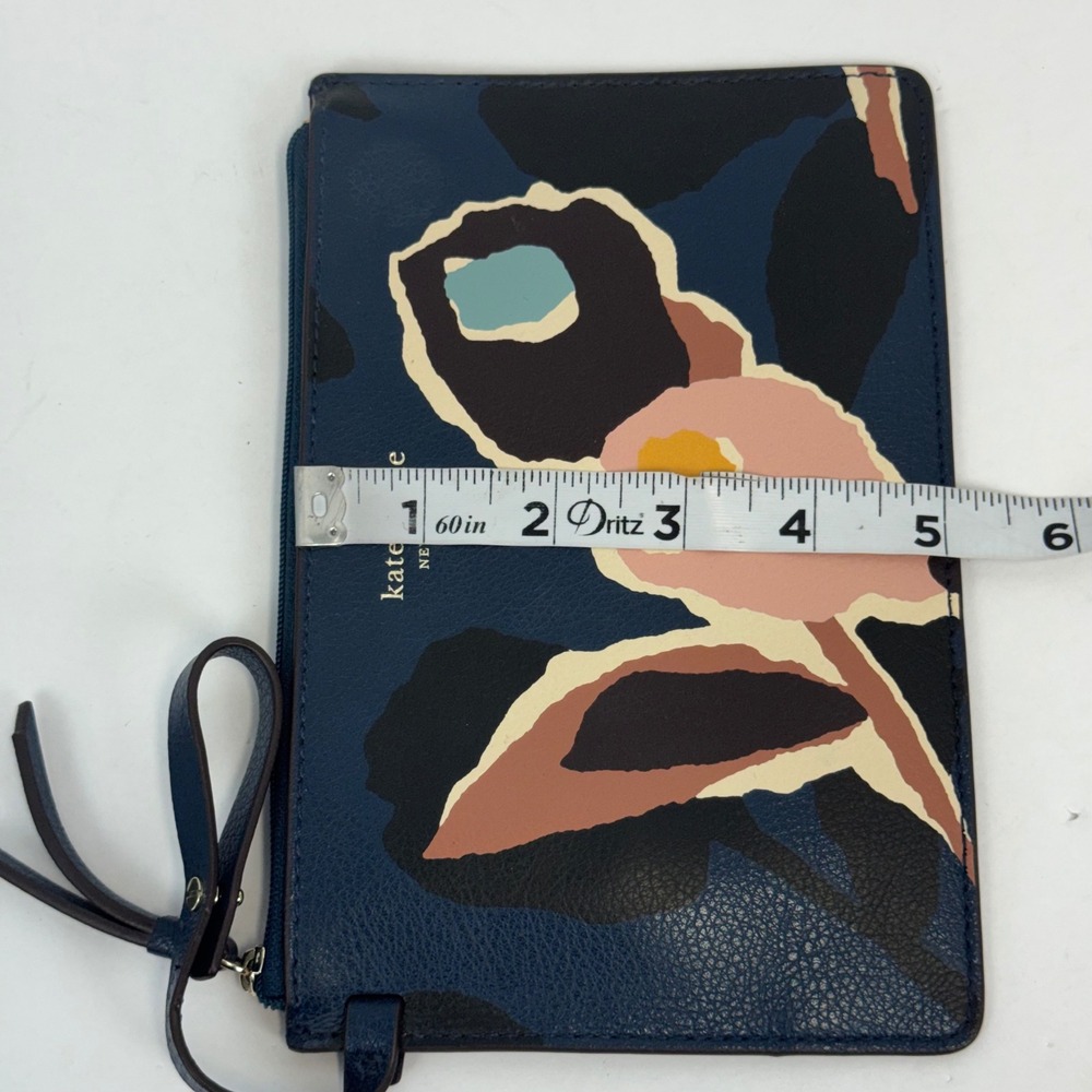 Kate Spade New York Navy Blue Floral Leather Wristlet Pouch Zip Clutch Bag - Picture 6 of 11